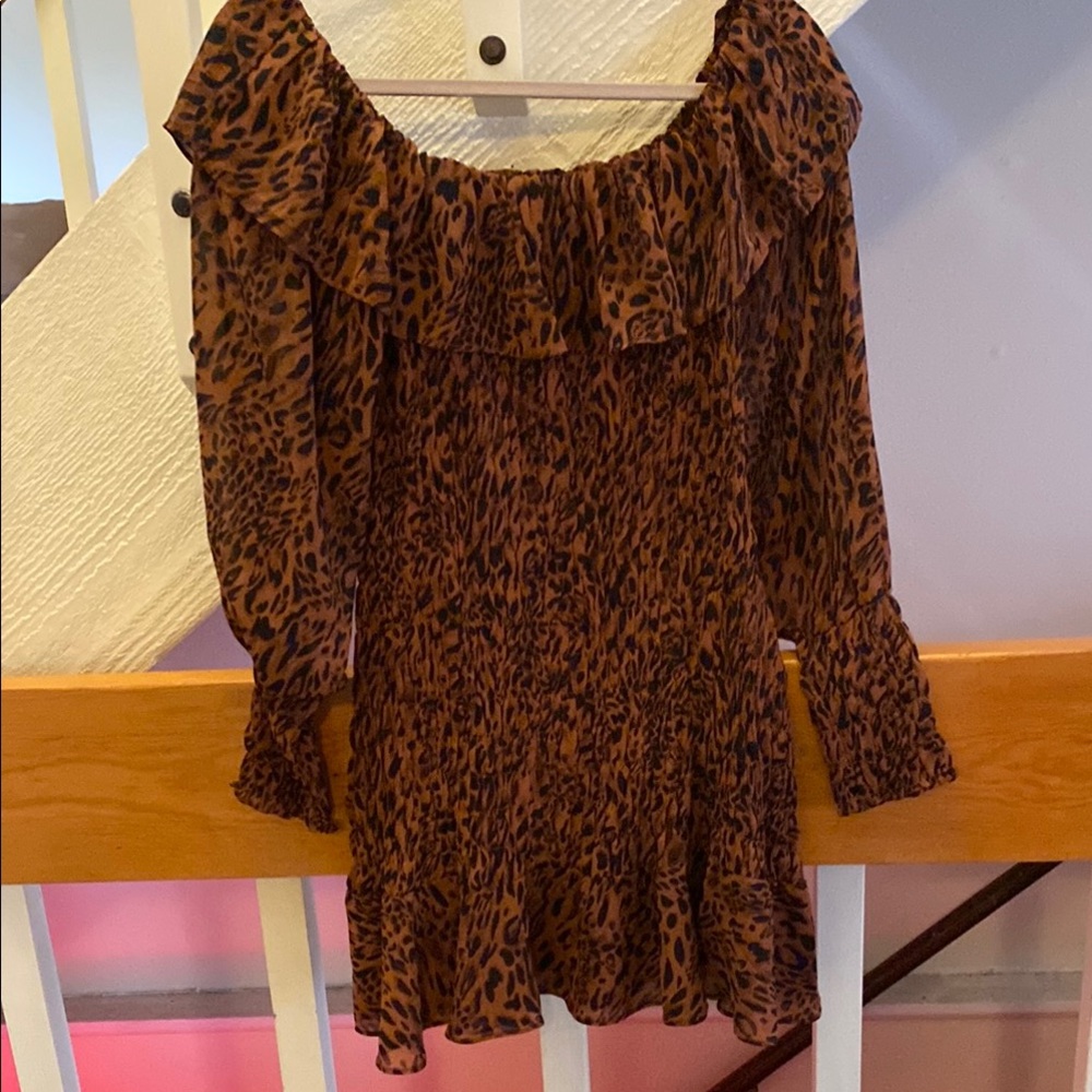 ACOA Leopard Print Smocked Long Sleeve Off-Shoulder Mini Dress